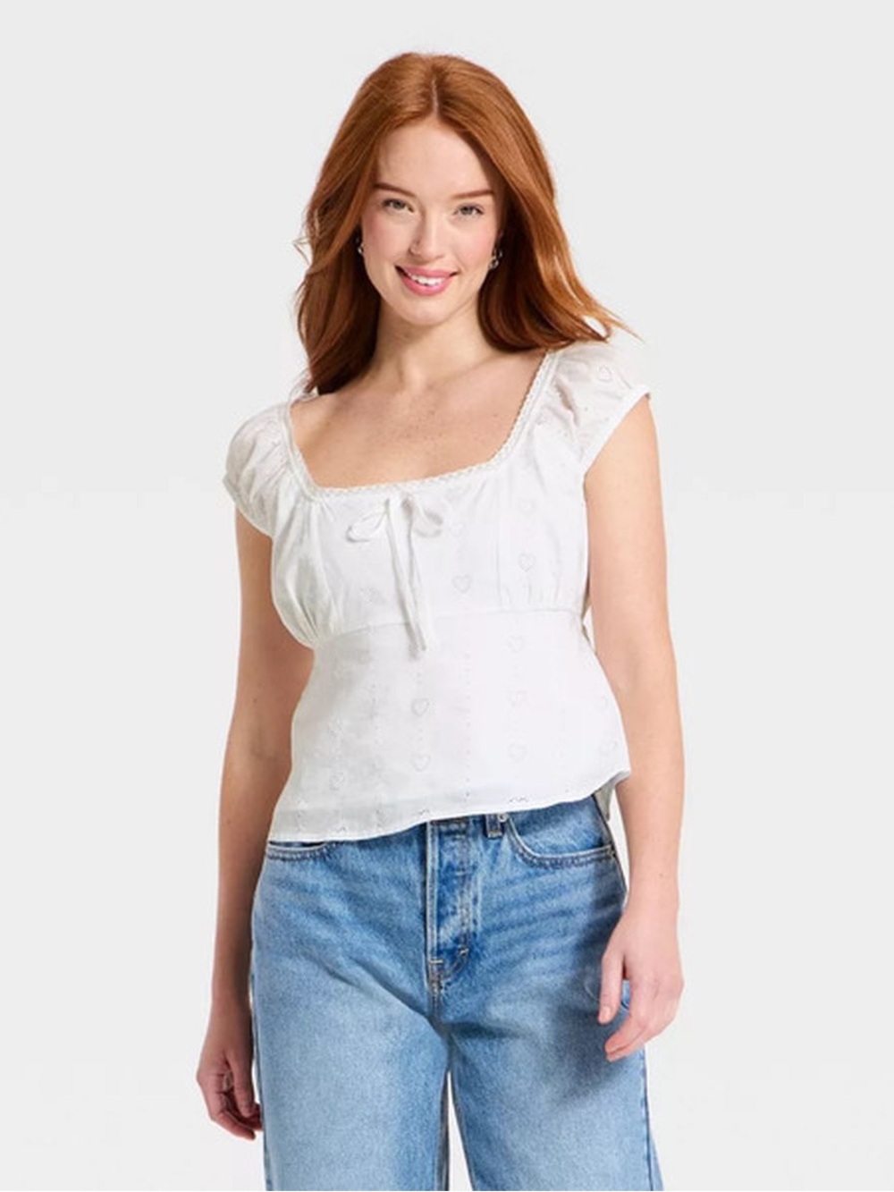 Universal Thread White Square-Neck Cap Sleeve Tie-Front Blouse